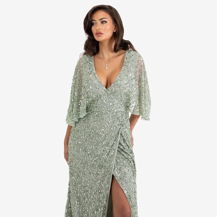 Maya Deluxe Damen Womens Maxi Dress Ladies Sequin Embellished Wrap A-line Dress for Wedding Guest Br