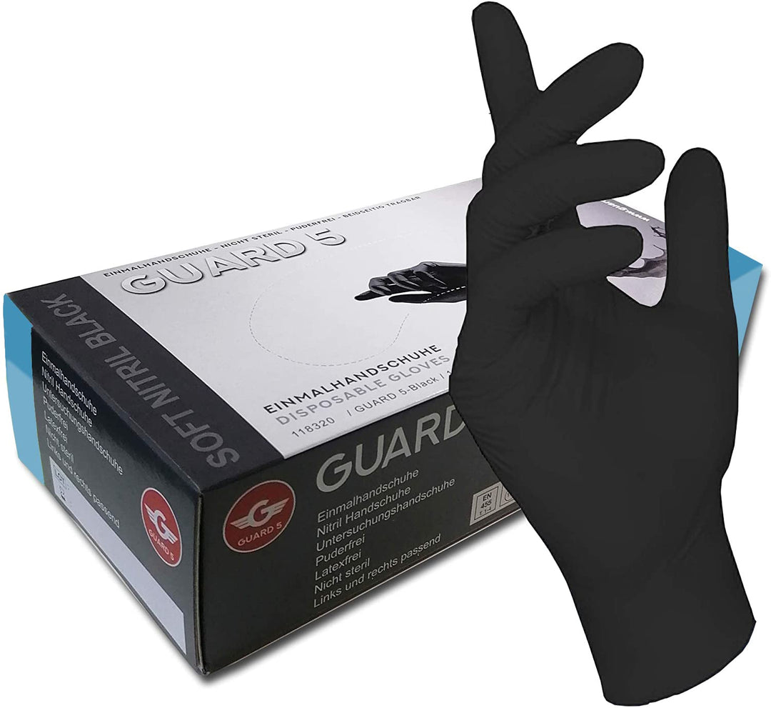200 Stck - Einweghandschuhe von GUARD 5 - Schwarze Nitril-Handschuhe puderfreie Tätowierhandschuhe K