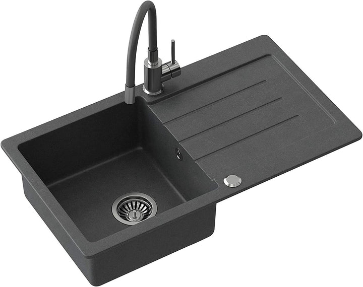 VBChome Spülbecken 77 x 44 cm Schwarz + Armatur Granit Einzelbecken Einbauspüle gesprenkelt reversib