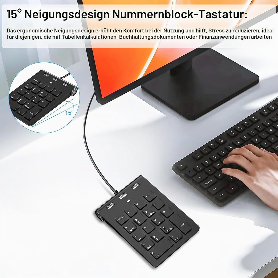 Numeric Keypad Wired Numpad, USB A/USB C Ziffernblock Ergonomischer Mini Nummernblock mit 3 USB 2.0