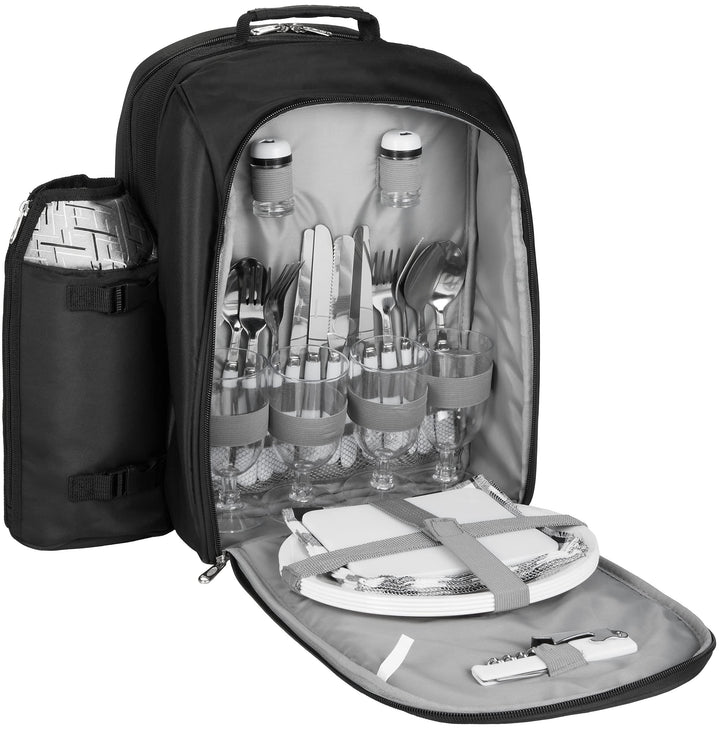 BRUBAKER Picknickrucksack für 4 Personen Schwarz Silber 27 × 38,5 × 21 cm - inkl. Kühlfach + Iso-Fla