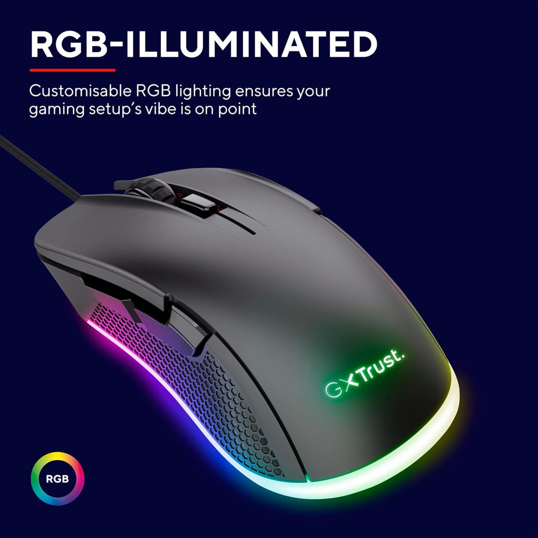 Trust Gaming GXT 922 Ybar Gaming Maus, 68% Recycelten Materialien, RGB LED-Beleuchtung, 6 Programmie