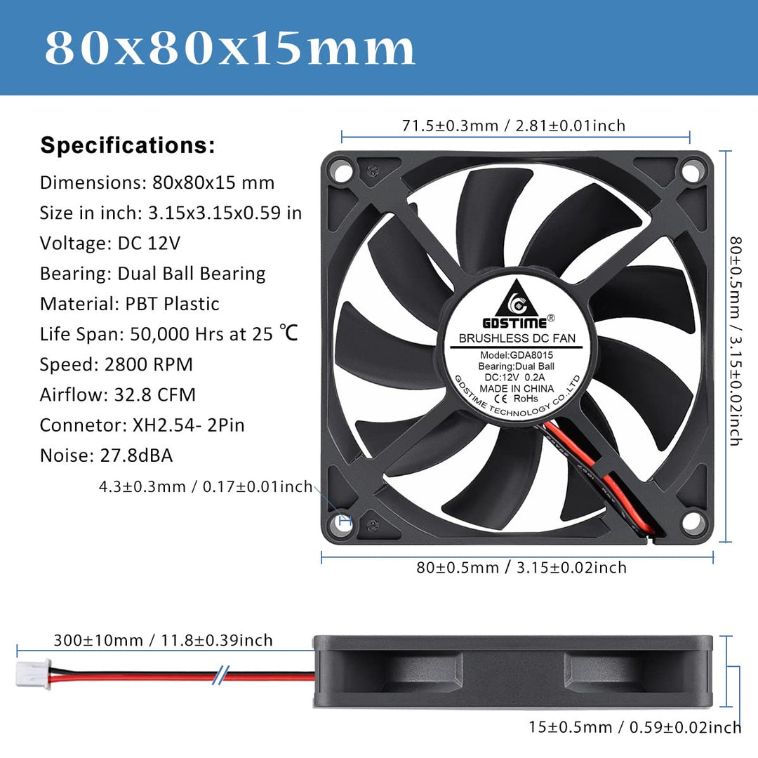 GDSTIME 80mm Lüfter 80mm Computerlüfter 80 x 15mm PC Lüfter Dual Kugellager 8CM Gehäuselüfter 12V Lü
