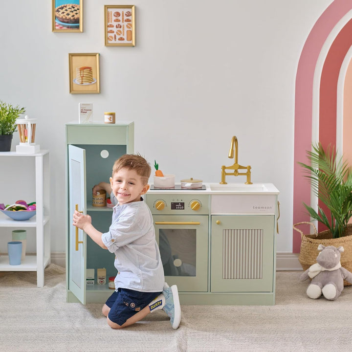 Teamson Kids Little Chef Chester Kinderküche in Grün mit Zubehör, Spielküche für Kinder aus Holz mit