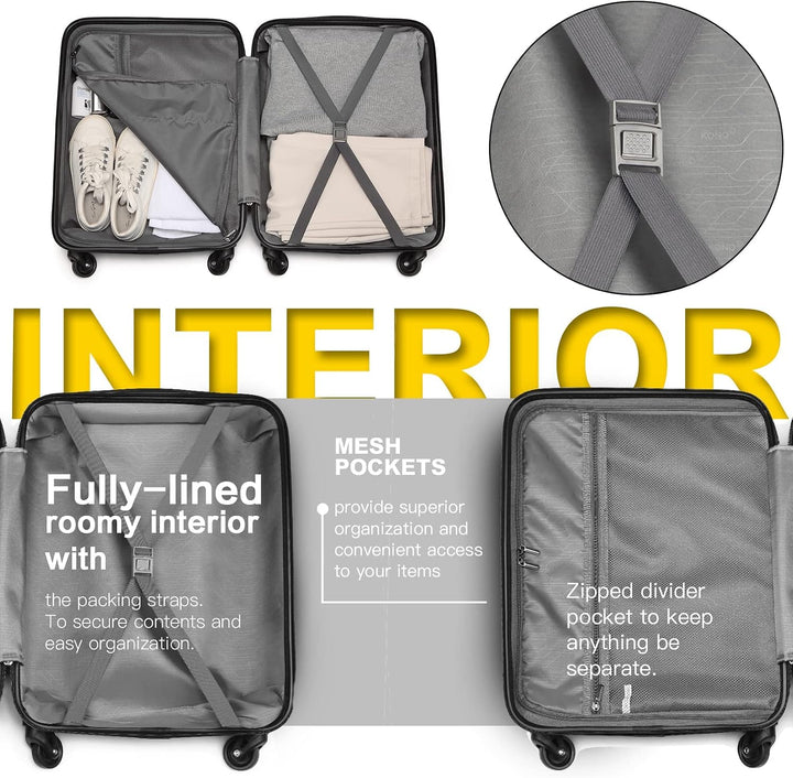 KONO Hartschalen ABS Koffer Trolley Rollkoffer Reisekoffer mit 4 Rollen Schwarz Handgepäck, Schwarz