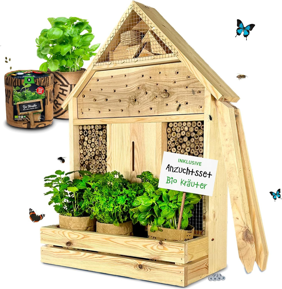 GARTENETAGE Stehendes Insektenhotel XXL mit Pflanzenoase Kräuterparadies - inkl. Anzuchtset/Naturbel
