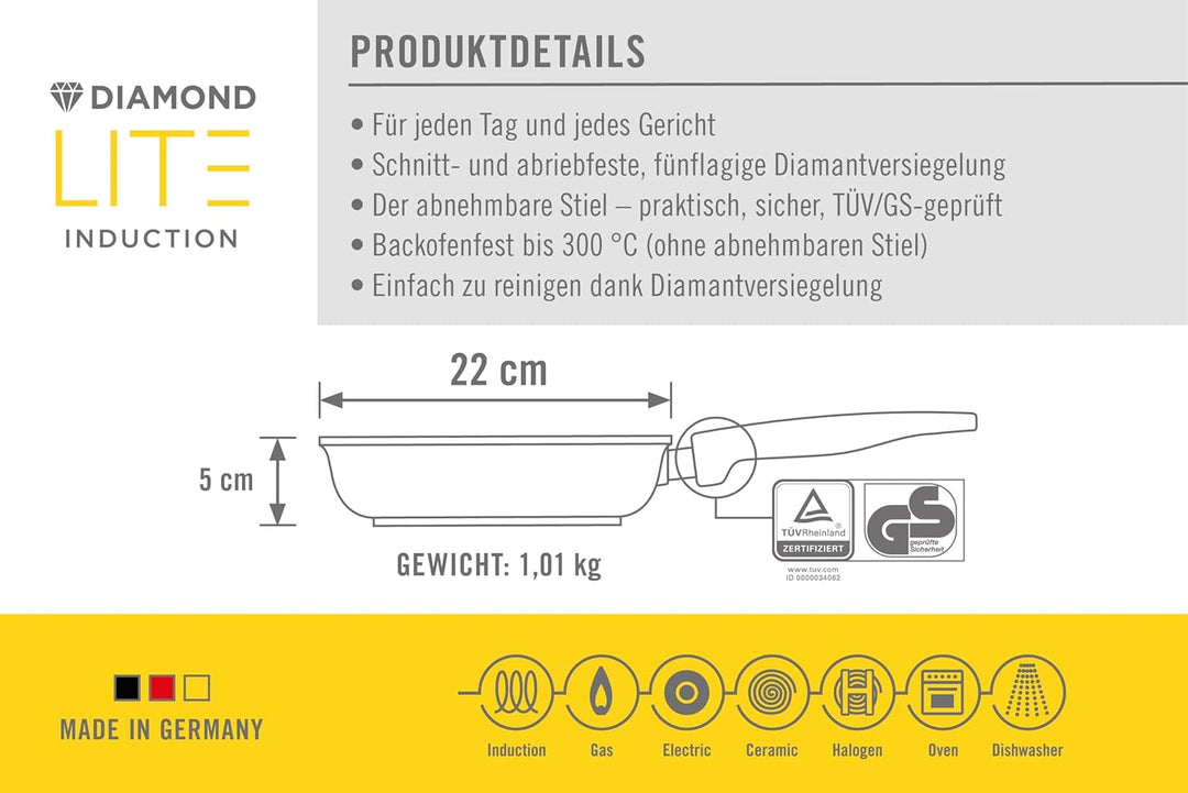 Woll Diamond Lite Flachpfanne - Induktiv -, Ø 22 cm, 5 cm hoch, mit abnehmbarem Stiel - Geeignet für