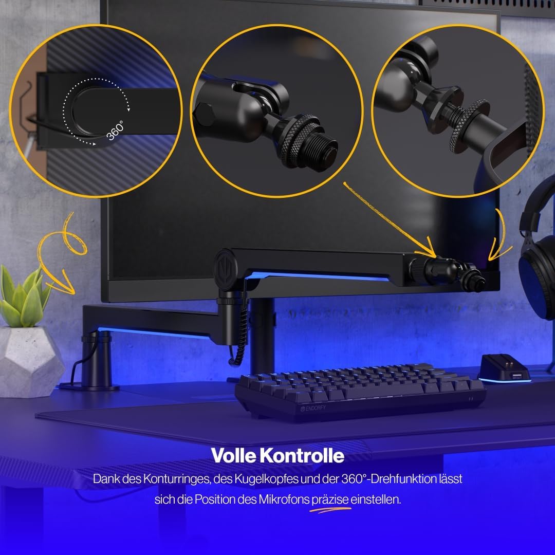 ENDORFY Broadcast Low Profile RGB Boom Arm, Premium Low Profile Mikrofon Smartfone und Lichtarm mit