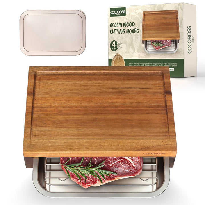 COCOBOSS Schneidebrett Holz mit Auffangschale, 35,5x25x8.7cm Akazien Schneidebrett mit Auffangschale
