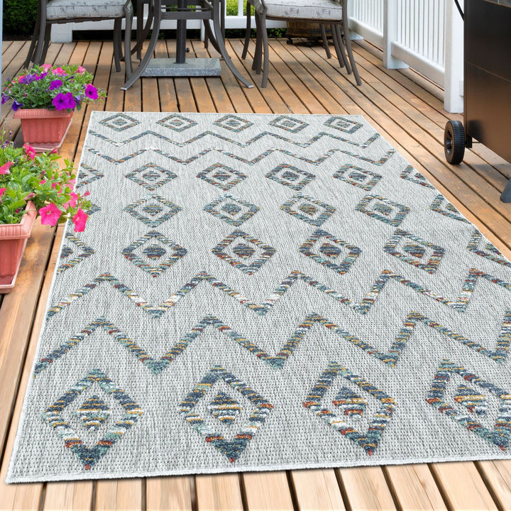 Carpetsale24 Outdoor Teppich Modern, Skandi Boho Ethno Muster 3D Optik, Rechteckig, Grau mit bunten