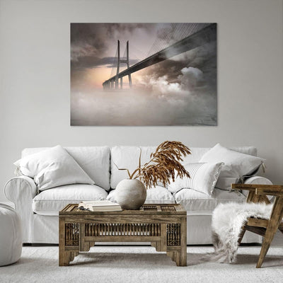 Bilder auf Leinwand 100x70cm Leinwandbild mit Rahmen Brücke Nebel Wasser Gross Wanddeko Bild Schlafz