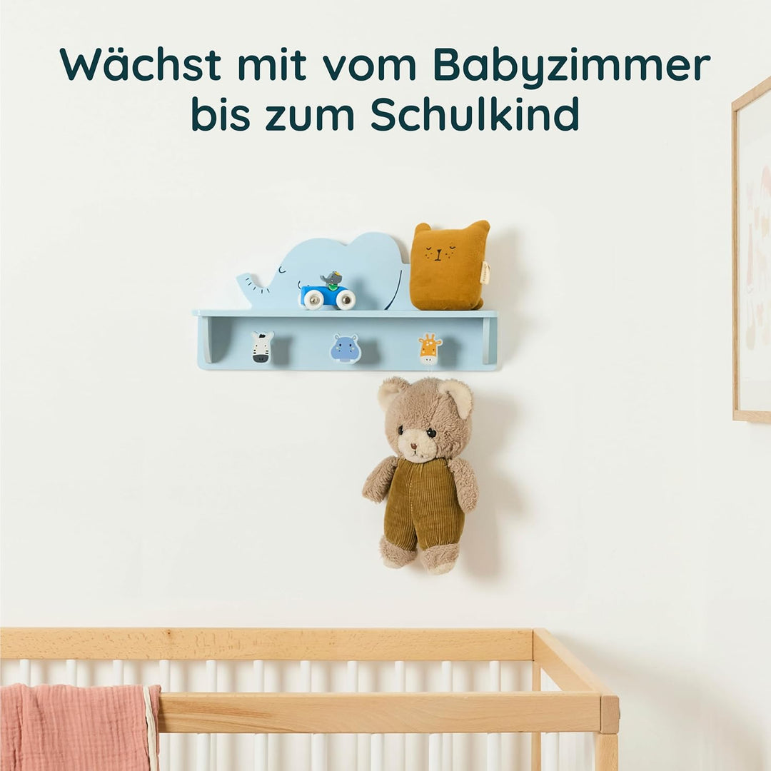 Twig &amp; Leaf Wandregal Kinderzimmer, Kindergarderobe mit Ablage und 3 Haken aus Massivholz, Schlafend