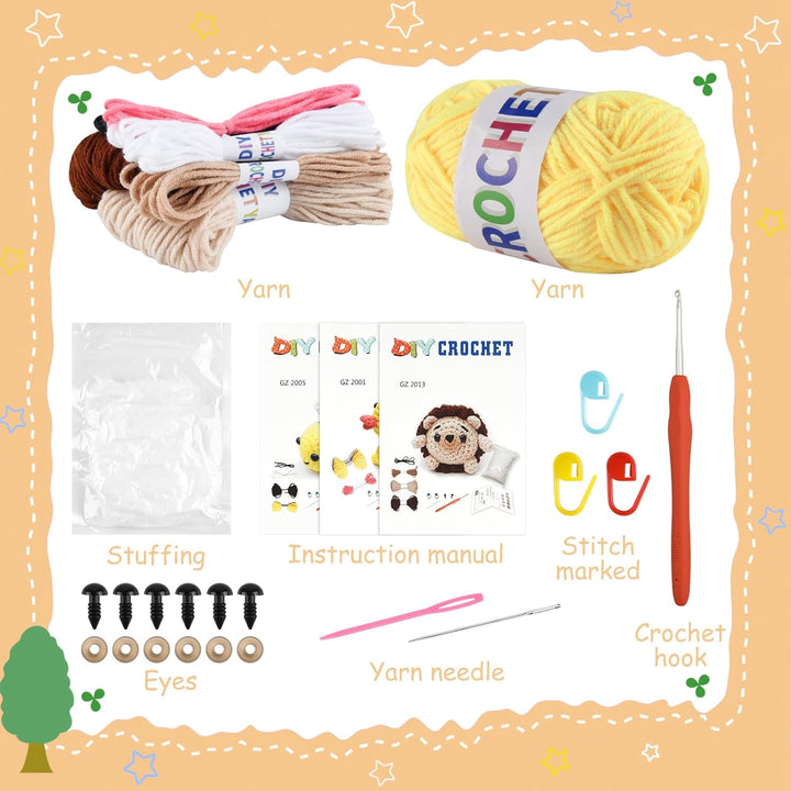 ASTARON Crochet Kit, Häkelset für Erwachsene und Kinder, 3 süsse Häkeltiere – Igel, Biene, Ente, Häk
