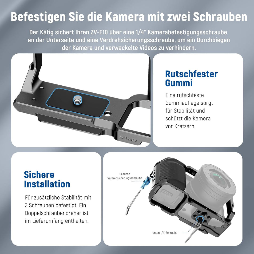 NEEWER ZV-E10 Kamerakäfig mit Silikongriff, 1/4" Gewinde, 3/8" ARRI Positionierungslöcher, Arca Typ