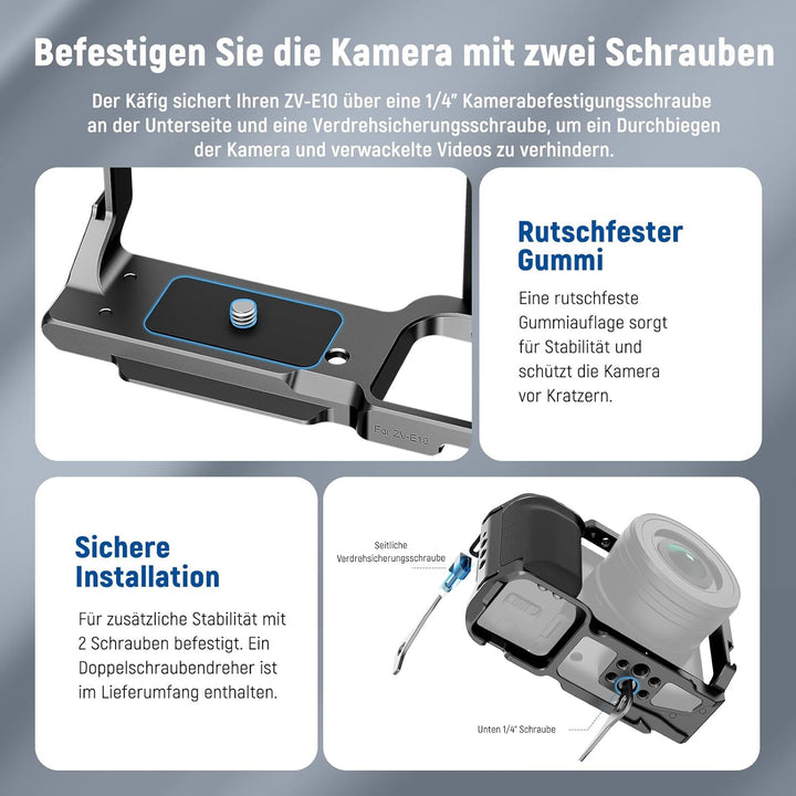NEEWER ZV-E10 Kamerakäfig mit Silikongriff, 1/4" Gewinde, 3/8" ARRI Positionierungslöcher, Arca Typ