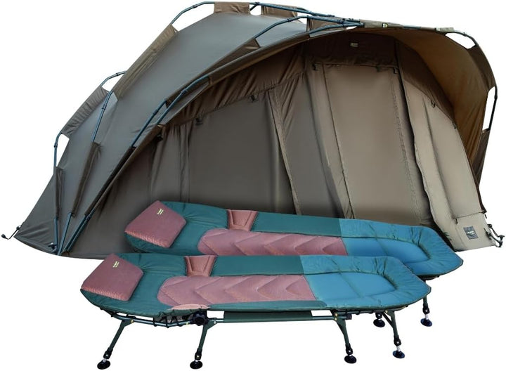 Anglerset Karpfenzelt + 2 Liegen Fort Knox 1-2 Mann Personen Dome Zelt 2 x 8-Bein Set Angelzelt Angl