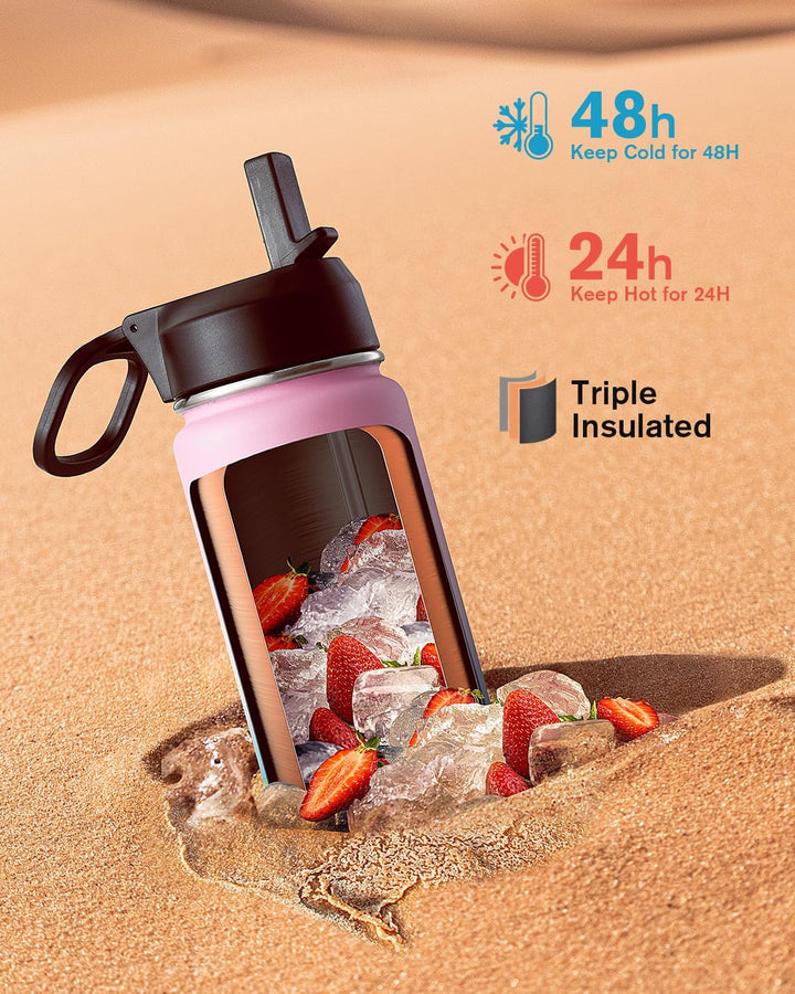 Coolflask Wasserflasche mit Strohhalm, isoliert, Edelstahl, Metall, 3 Deckel, breite Öffnung, für Sp