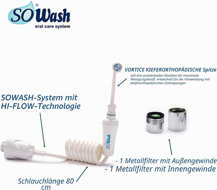 SoWash Munddusche | VORTICE ORTHODONTIC | Verbindet mit dem Wasserhahn | Munddusche ohne Batterien u