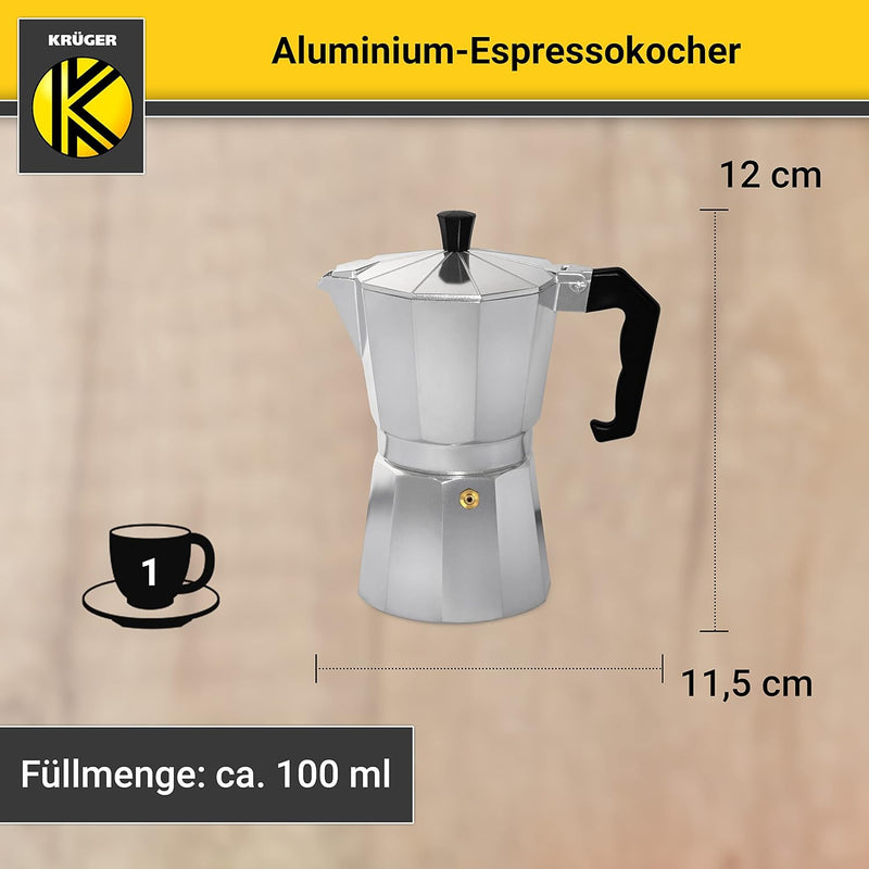 KRÜGER Aluminium-Espressokocher mit Silikon-Dichtring für 1 Tasse - schnelle und einfache Espresso-Z