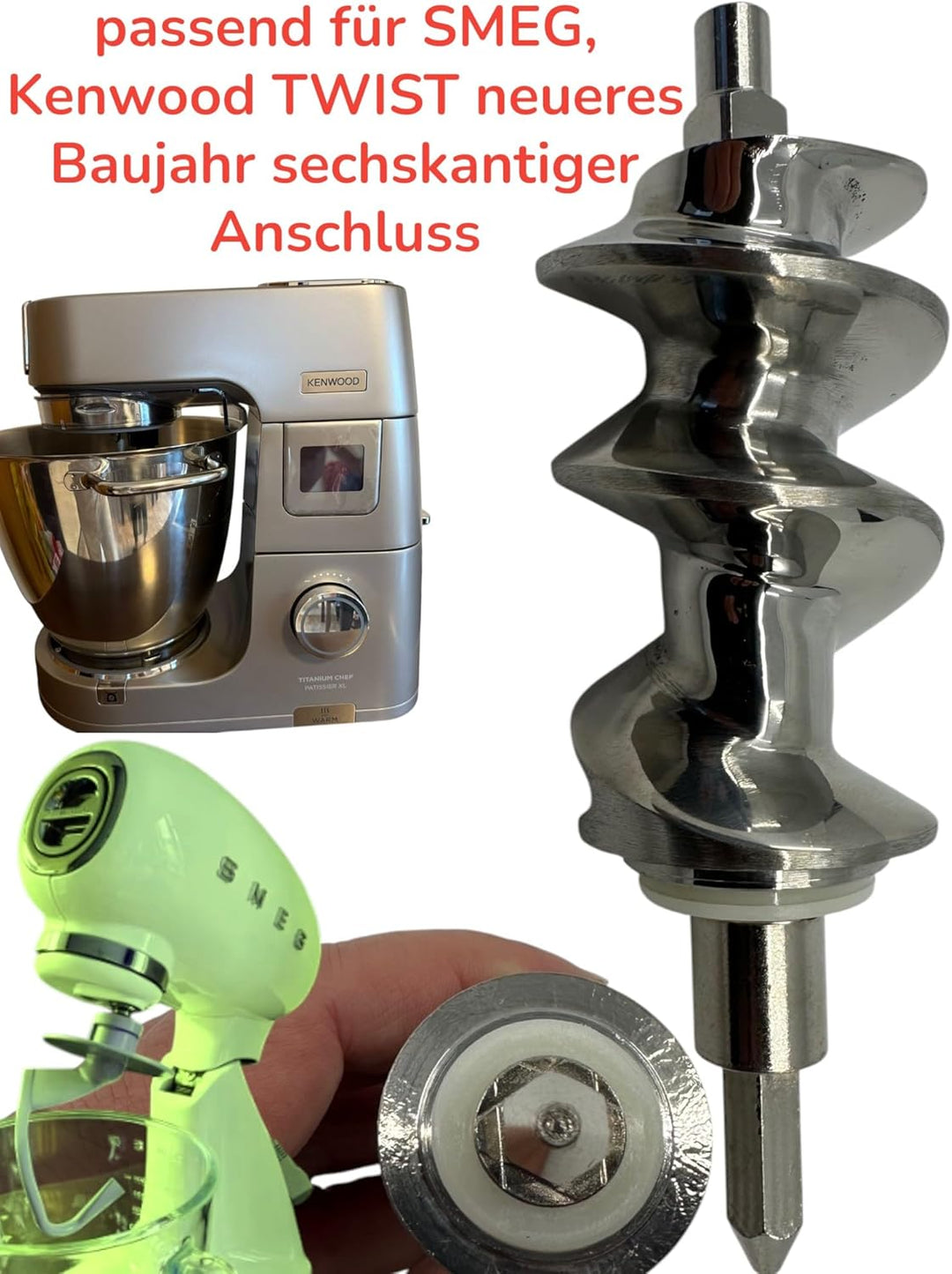 MESSERSCHMIDT FLEISCHWOLF ZU SMEG & KENWOOD TWIST GRÖSSE 5 AUS EDELSTAHL SET MIT 4 LOCHSCHEIBEN + SP