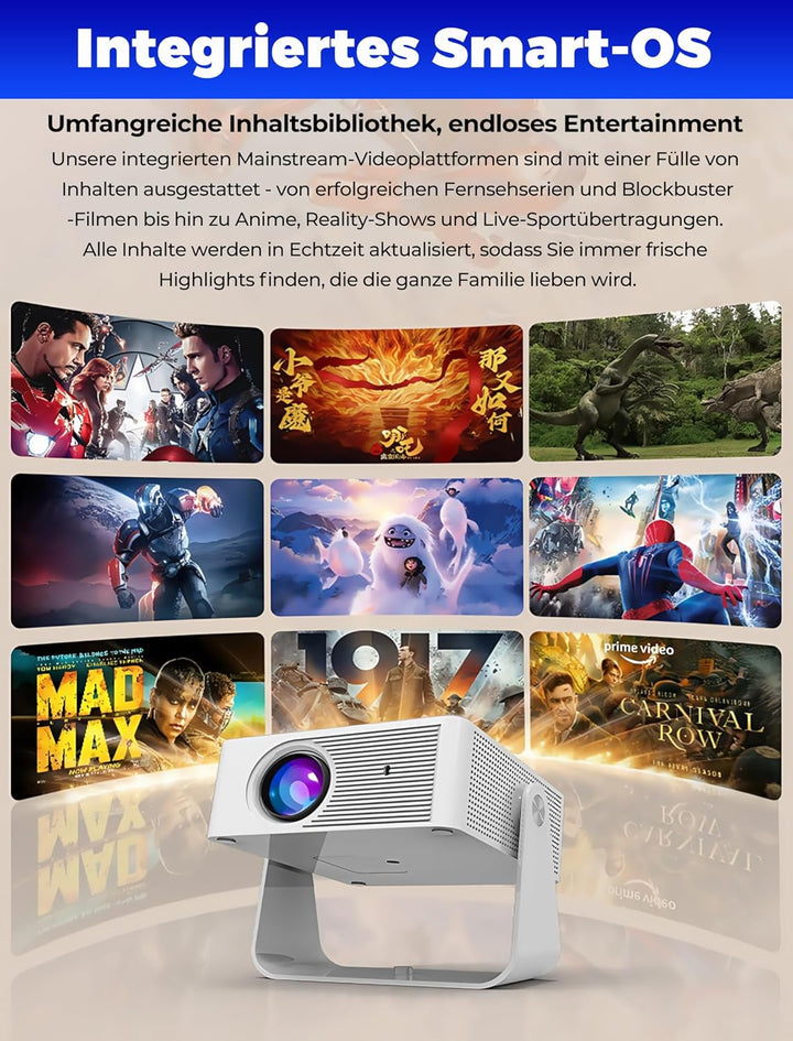 Mini Beamer mit WiFi 6 und Bluetooth 5.4, tragbarer Projektor 4K/1080P Unterstützung, Video Beamer m