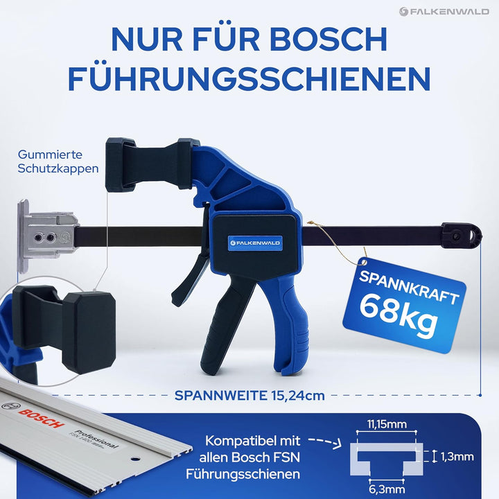 Falkenwald® Einhandzwinge Set 2 Stück für Bosch Führungsschiene - Zum Spannen, Dehnen, Fixieren mit