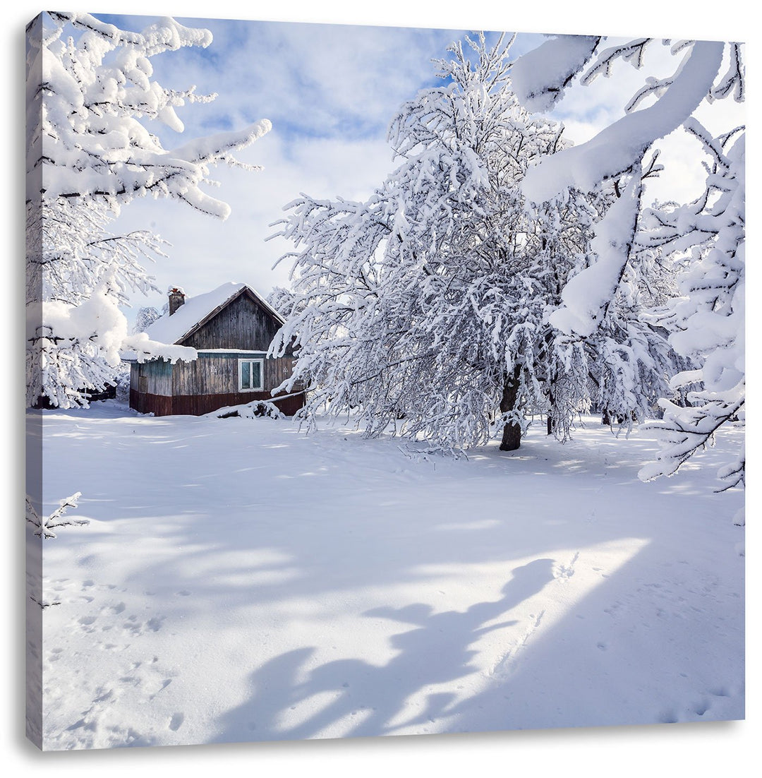 Winterlandschaft mit Hütte, Format: 70x70 auf Leinwand, XXL riesige Bilder fertig gerahmt mit Keilra