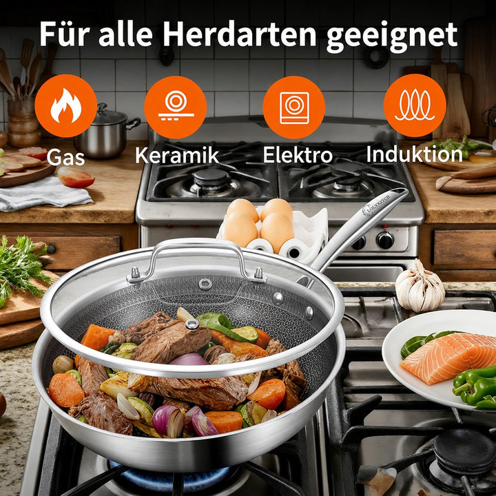 LOLYKITCH Wokpfanne 26 cm mit Deckel, Hybrid-Wok mit Wabenstruktur 26cm Stielgriff, 26cm Stielgriff