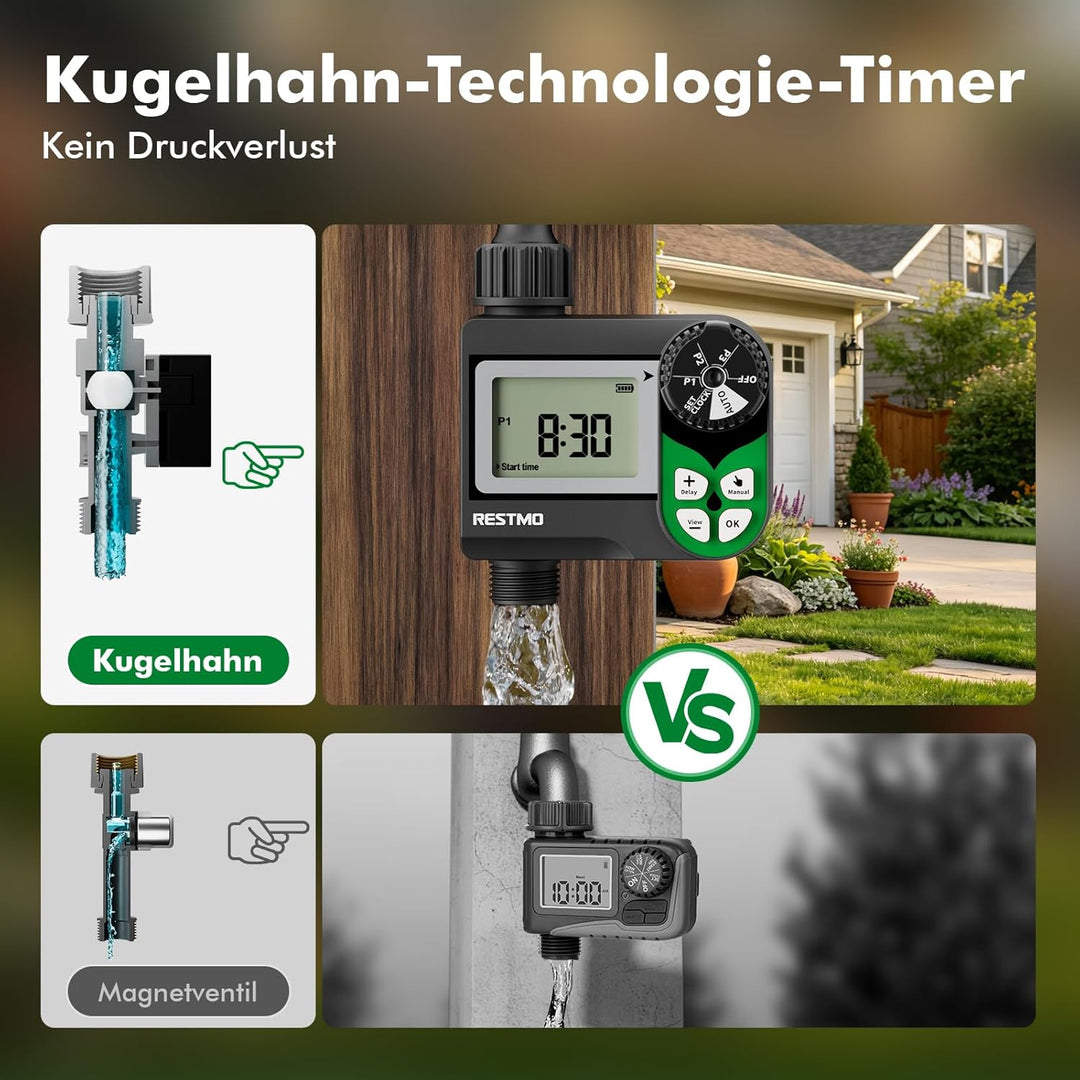RESTMO Bewässerungscomputer mit druckverlustfreiem Kugelhahn (0-120 PSI), Wochen-Programm (3 Pläne)