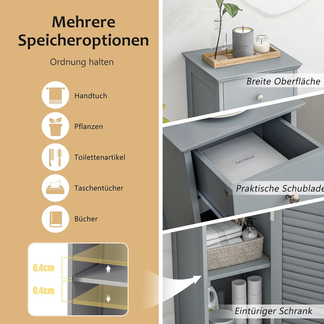 GOPLUS Badzimmerschrank mit Schublade, Badschrank schmal mit Lamellentür &amp; verstellbarem Regal, Aufb