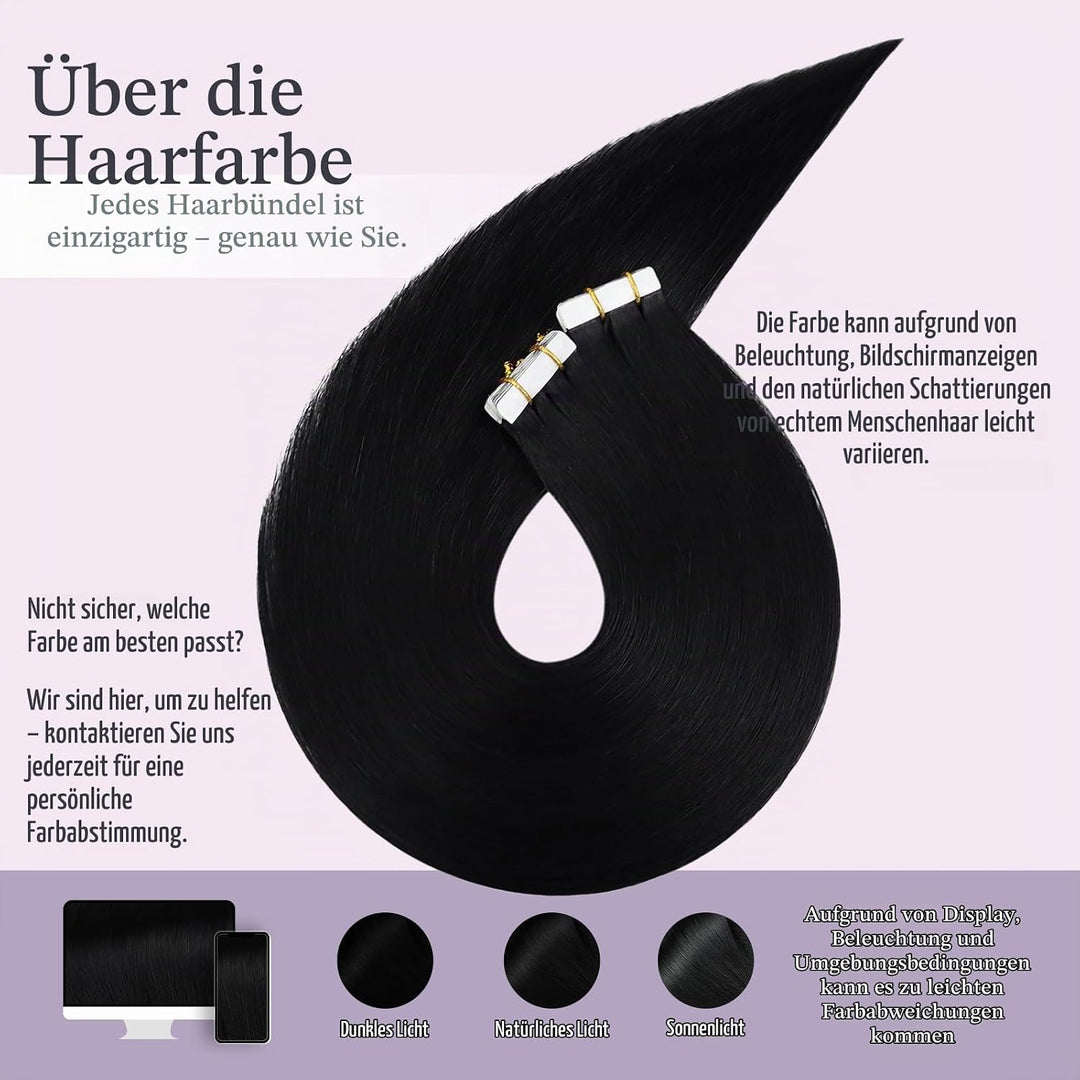 Fshine Tapes Echthaar Extension 50cm Tape in Schwarz Seamless Hair Extensions 20 Stück Remy Extensio