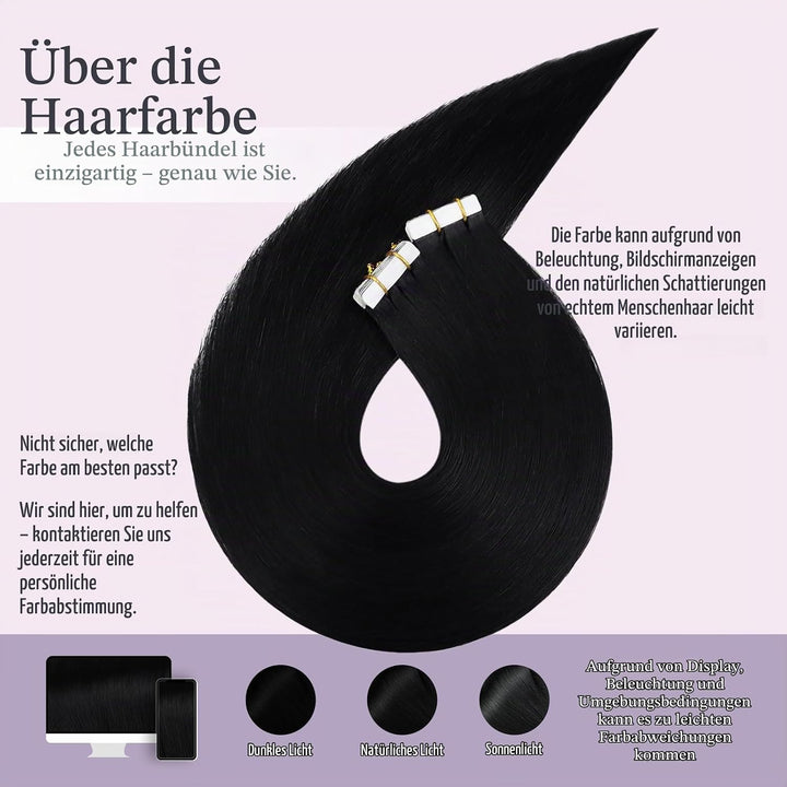 Fshine Tapes Echthaar Extension 50cm Tape in Schwarz Seamless Hair Extensions 20 Stück Remy Extensio