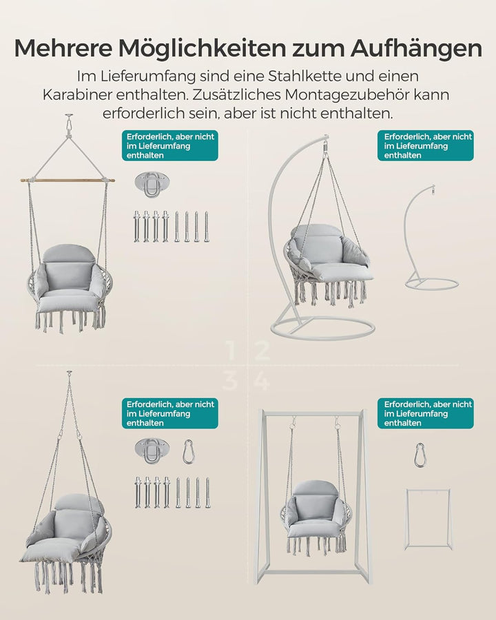 SONGMICS Hängesessel, Hängeschaukel, Hängestuhl, Dickes Kissen, skandinavischer Stil, für Wohnzimmer