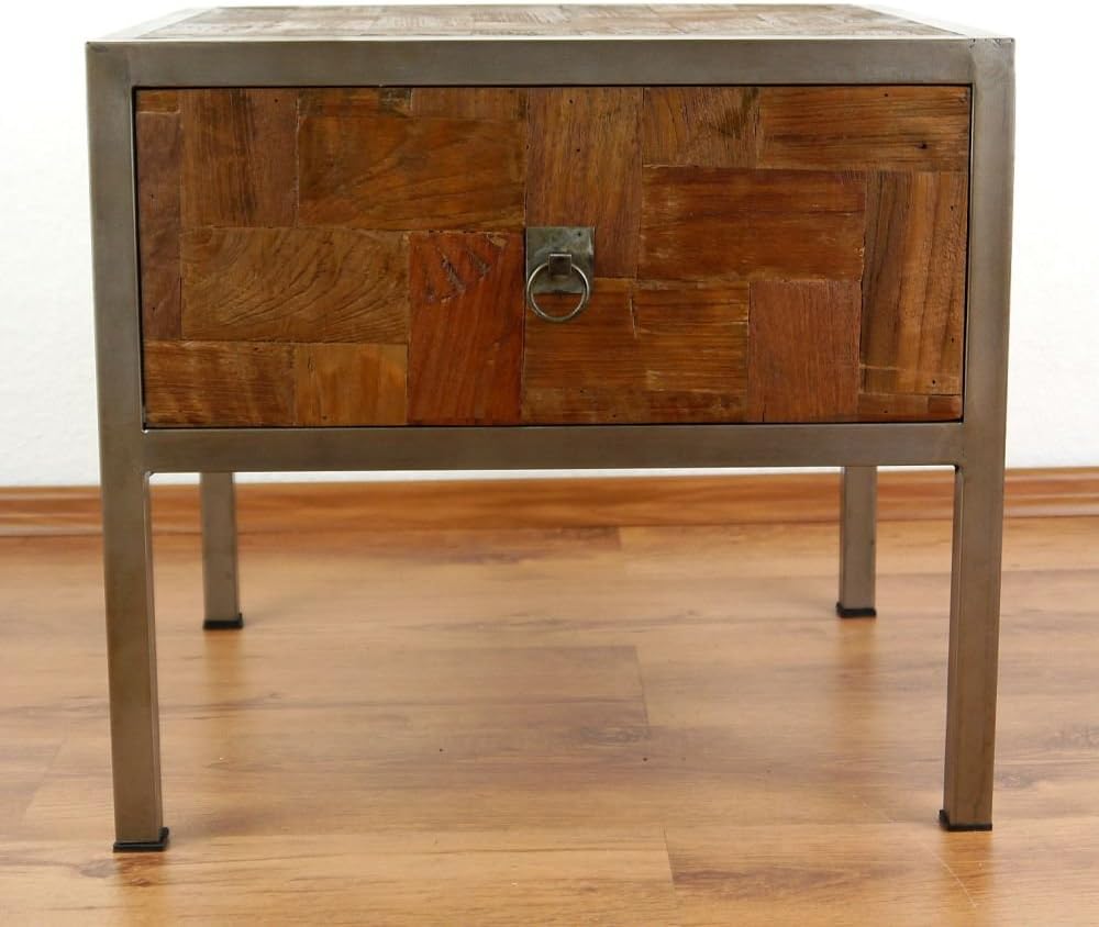 livasia Java Beistelltisch aus Metall und Teakholz | Nachttisch im Industrial Design | Asiatische Mö