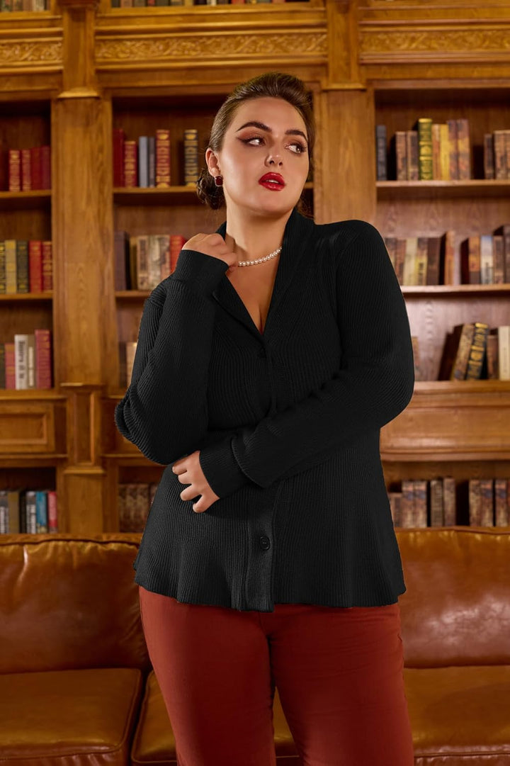 Belle Poque Damen Strickjacke Langarm Reverskragen Cardigan mit Rüschensaum Casual Strickmantel M Sc