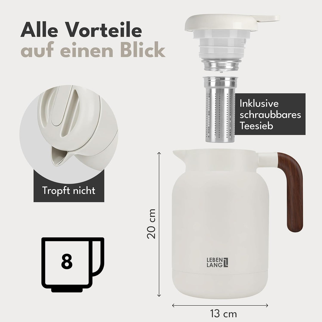 LEBENLANG Thermoskanne 1,5L Keramikbeschichtung - Inkl. Teesieb I 24h Heiss I Kaffeekanne Kaffee & T