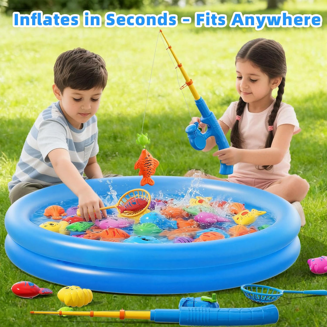 Magnetisches Angelspiel mit Aufblasbarem Pool, 60 Schwimmende Fische, 5 Angelruten &amp; 3 Netze, Baden