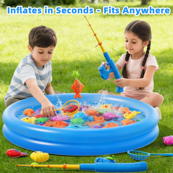 Magnetisches Angelspiel mit Aufblasbarem Pool, 60 Schwimmende Fische, 5 Angelruten &amp; 3 Netze, Baden