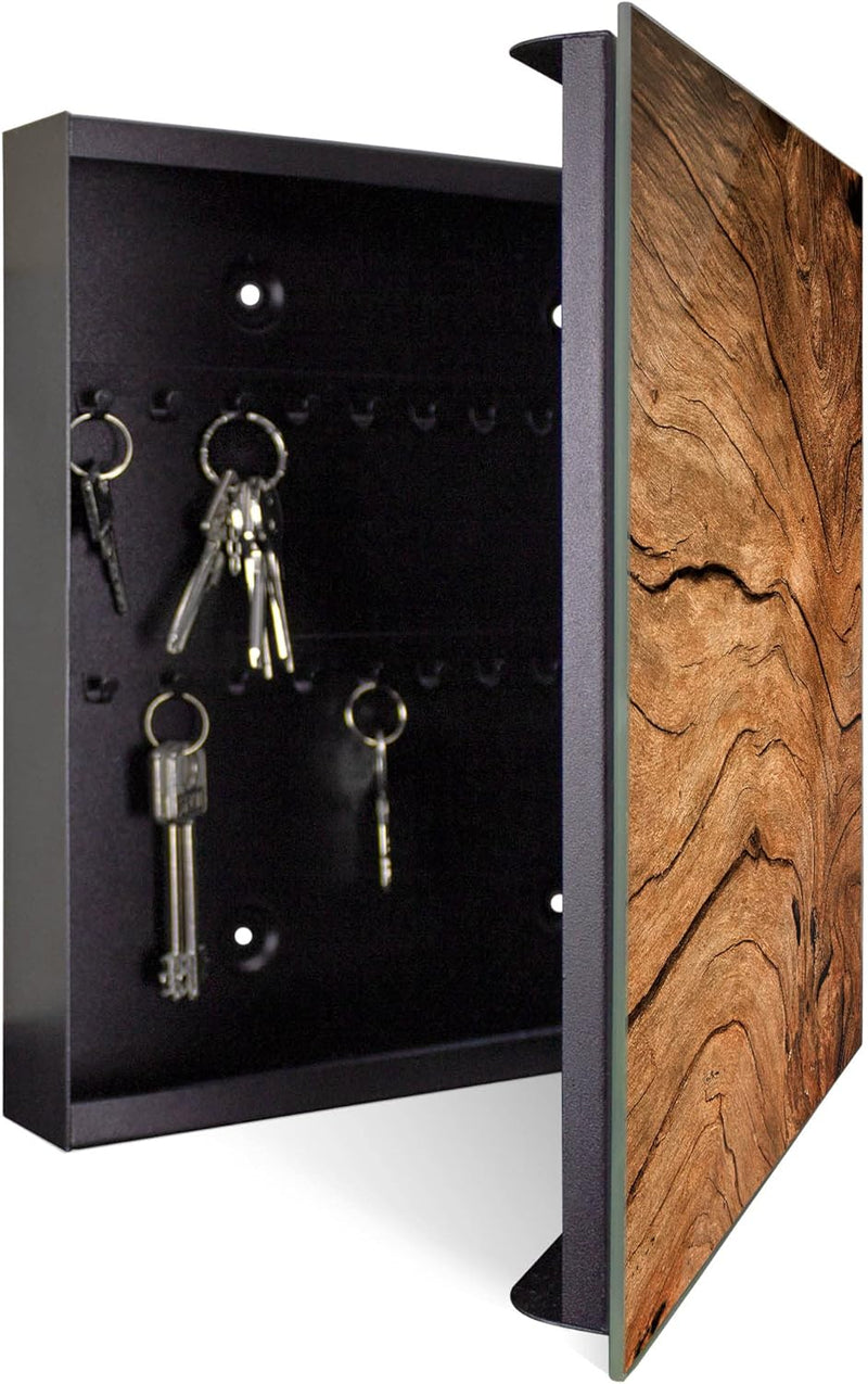 banjado® Grosser Schlüsselkasten Glas/Schlüsselbox 30cm x 30cm mit 50 Haken - Motiv Trockenes Holz/S