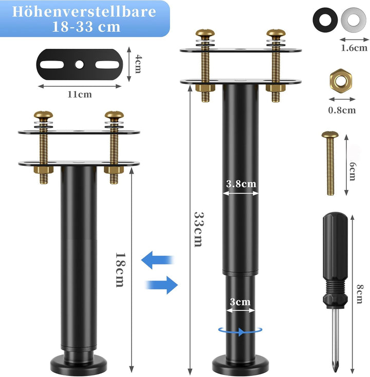 VETIN 2er Set Schwarze Bettfüsse, Höhenverstellbar Bettbeine 18-33 cm, Metall-Stützfüsse mit Gummi-A
