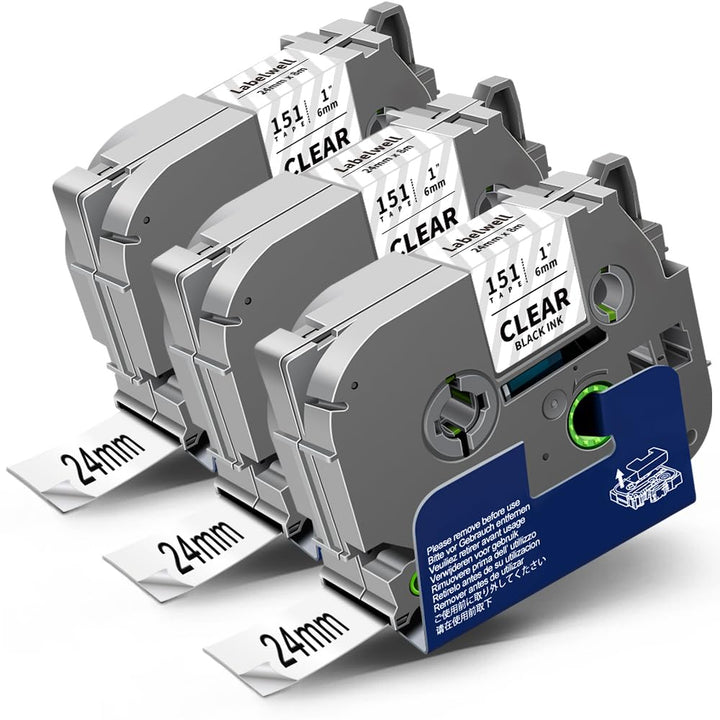 3x Labelwell Transparent 24mm kompatibel Schriftband Ersatz für Brother TZe-151 TZe151 TZ 24mm Clear