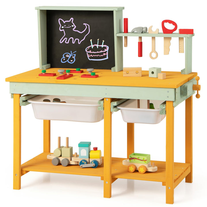 COSTWAY Werkzeugbank Kinder, Spielwerkbank aus Holz mit Tafel &amp; 2 Aufbewahrungsboxen, Werkstatt Werk