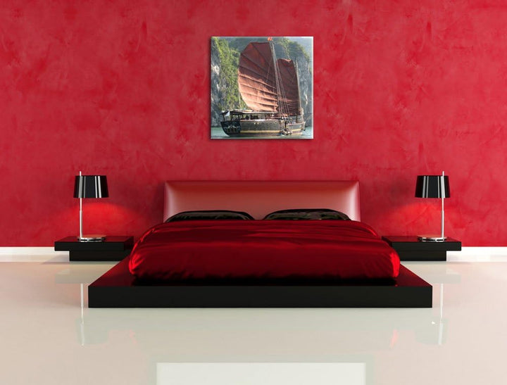 Pixxprint Segelschiff im Sonnenuntergang 70x70cm Leinwandbild Wandbild Kunstdruck, 70x70