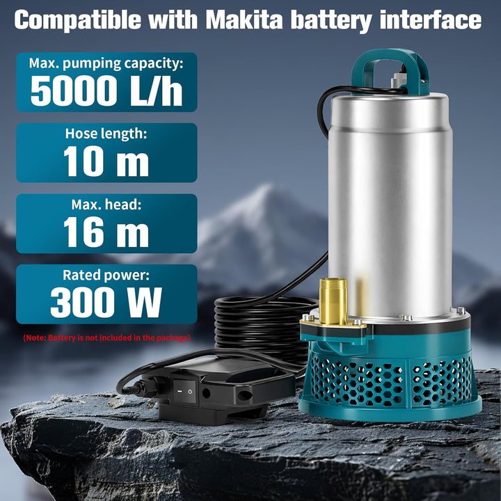 Tauchpumpe kompatibel mit Makita 18V Akku - Akku Wasserpumpe mit 10m Schlauch, 5m Verbindungskabel,
