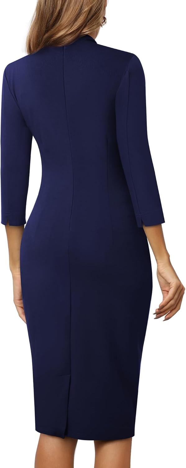 HOMEYEE Damen Elegant V-Ausschnitt 3/4 Ärmel Cocktail Retro Bodycon Bleistiftkleid Business Midi Etu