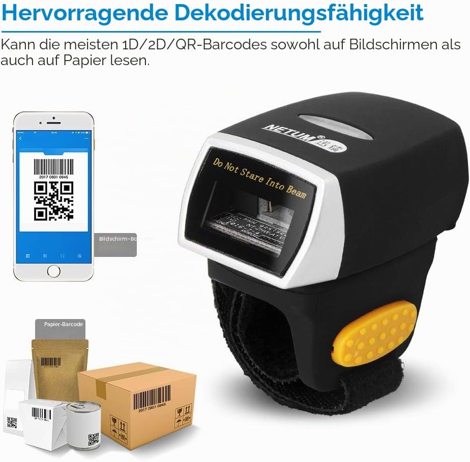 NETUM Bluetooth 2D QR Mini-Barcode-Scanner für tragbaren Ring Wireless | kabelloser Handscanner präz