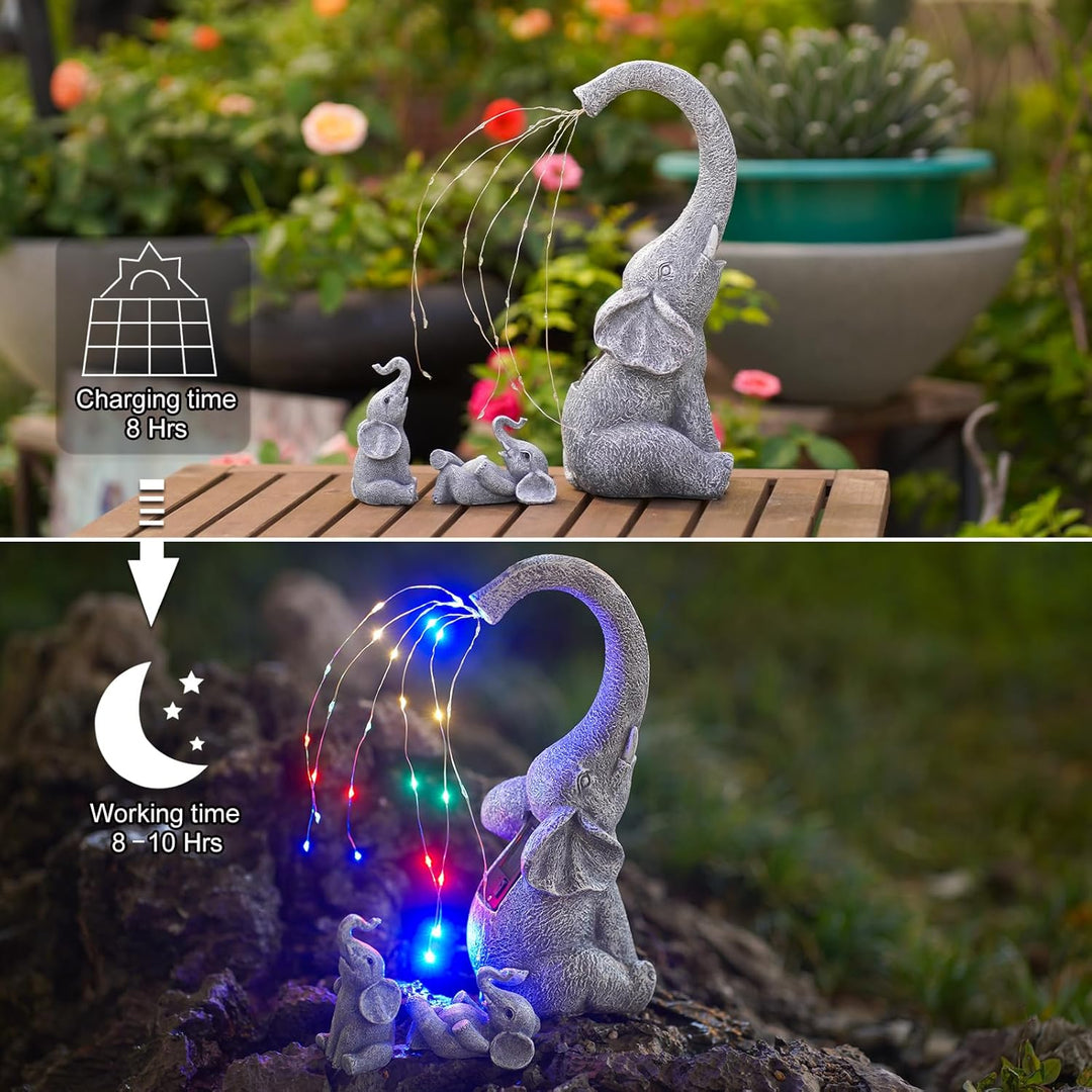 Yeomoo Elefanten Deko Gartenfiguren mit Solar Lichterkette Aussen: Elefant Mutter mit 2 Baby Elefant
