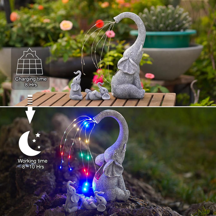 Yeomoo Elefanten Deko Gartenfiguren mit Solar Lichterkette Aussen: Elefant Mutter mit 2 Baby Elefant