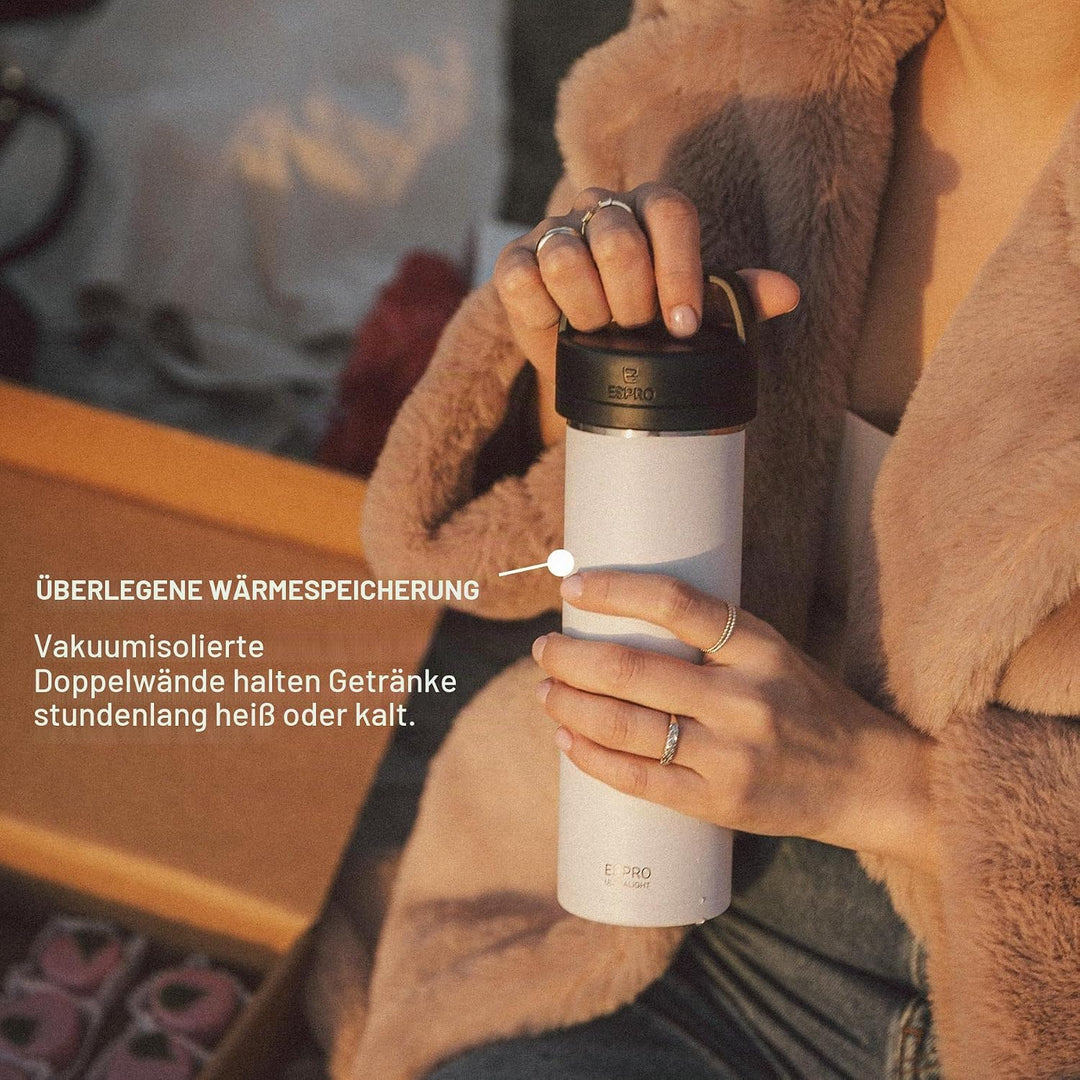 ESPRO P0 Ultralight French Press to go, Edelstahl, 470 ml, Weiss | Vakuumisoliert, auslaufsicher. Fr
