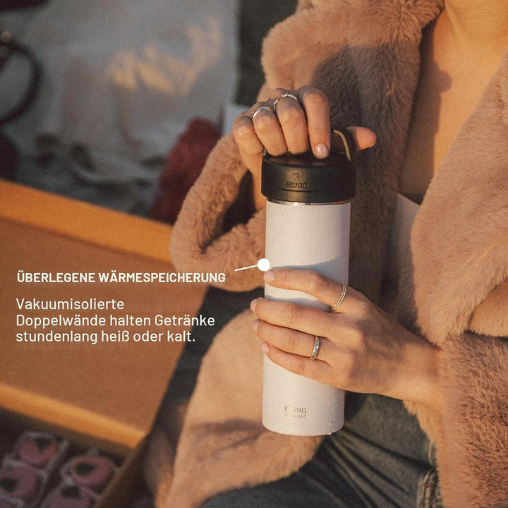 ESPRO P0 Ultralight French Press to go, Edelstahl, 470 ml, Weiss | Vakuumisoliert, auslaufsicher. Fr